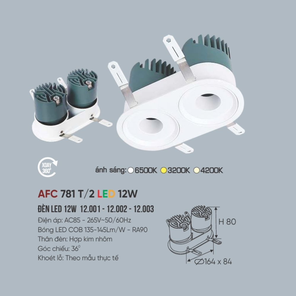 Đèn LED downlight âm trần đôi Anfaco 781 T/2 LED 12W