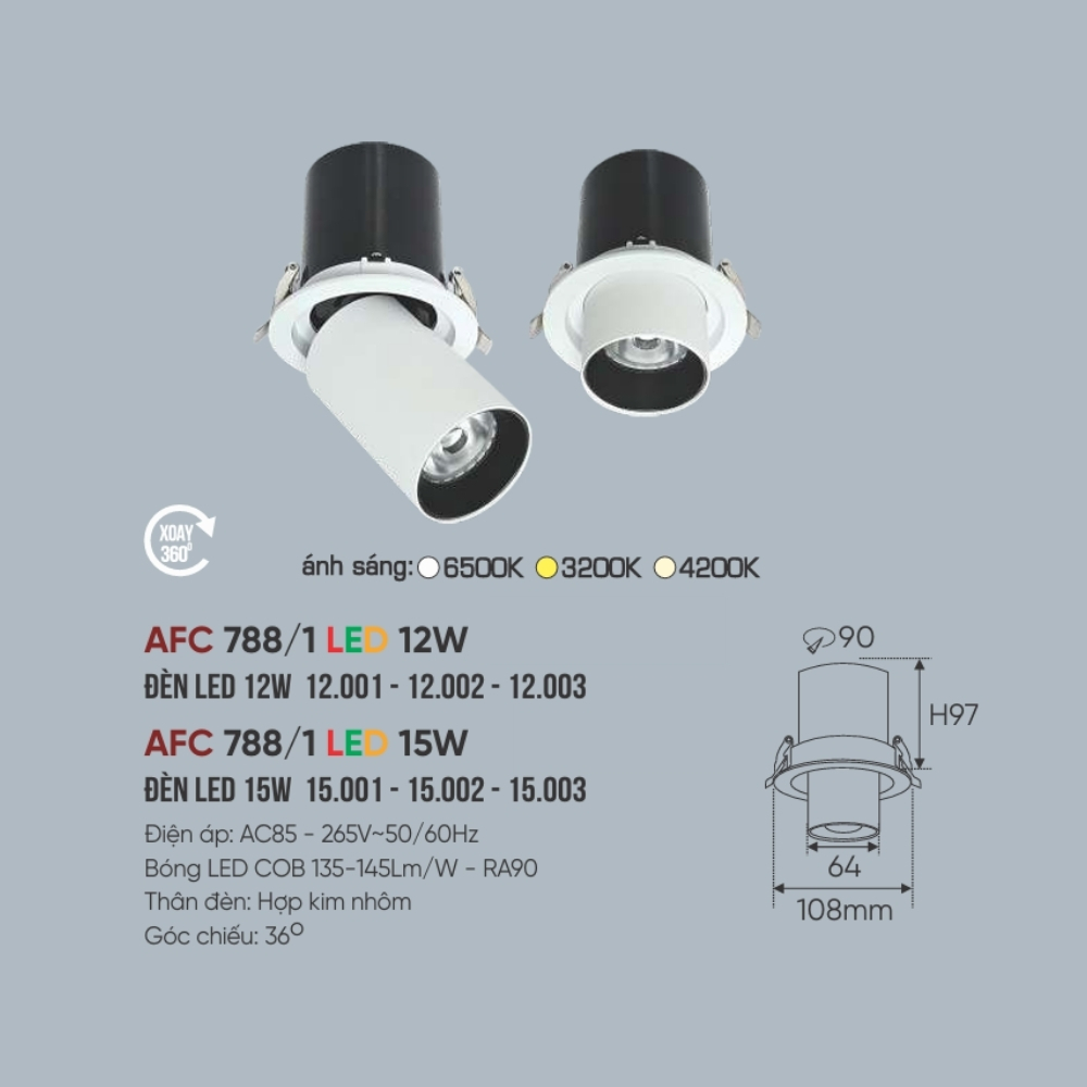 Đèn LED downlight âm trần Anfaco 788/1 LED 12W