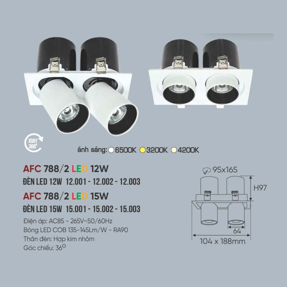Đèn LED downlight âm trần đôi Anfaco 788/2 LED 15W