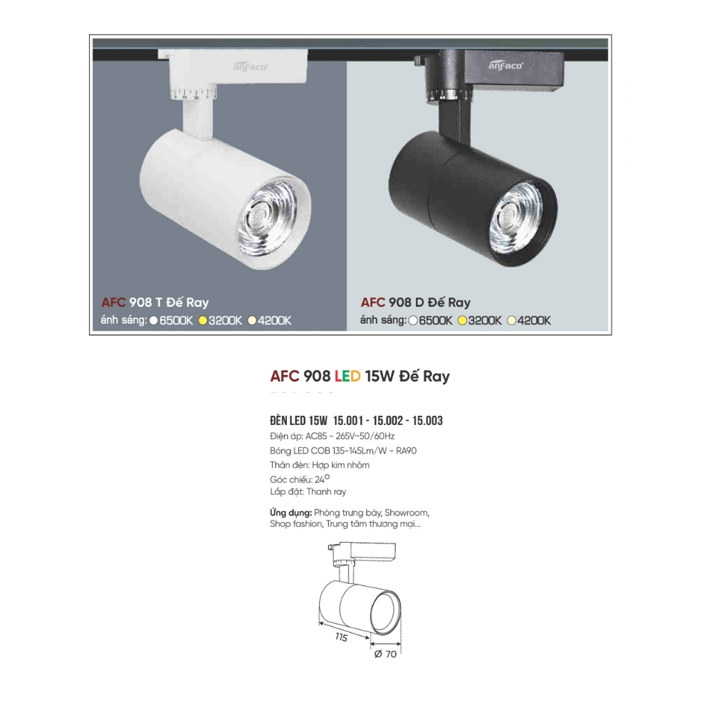 Đèn LED spotlight Anfaco 908 D LED 15W Đế Ray