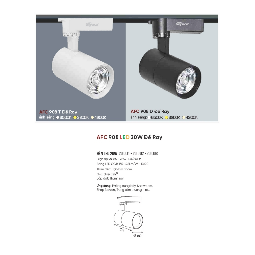 Đèn LED spotlight Anfaco 908 D LED 20W Đế Ray