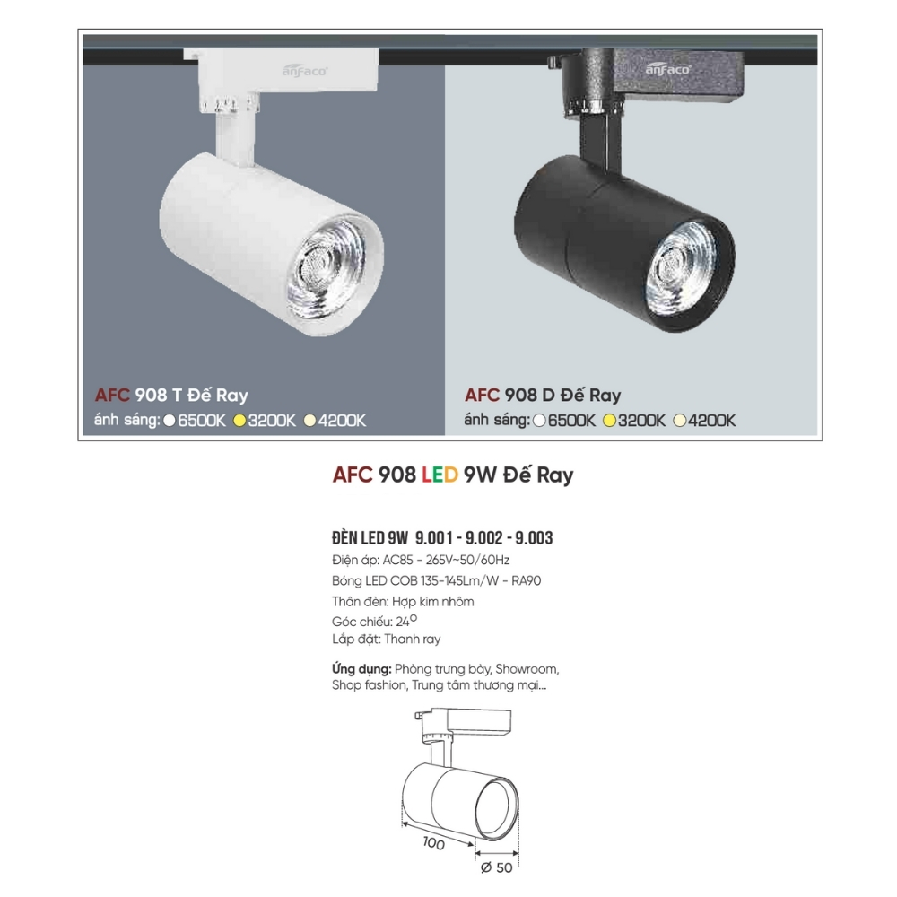Đèn LED spotlight Anfaco 908 D LED 9W Đế Ray