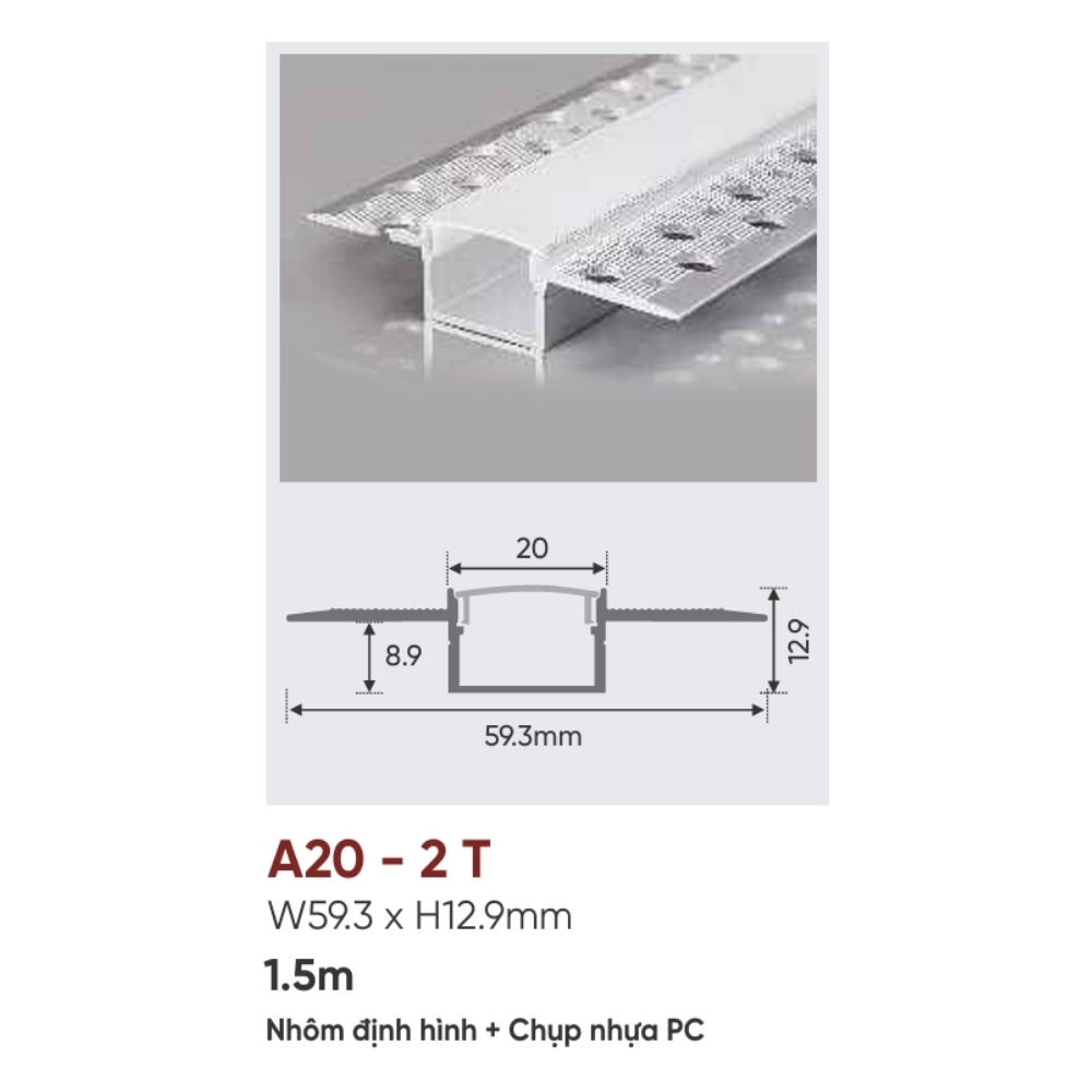 Thanh nhôm LED âm viền Anfaco A20 - 2 T