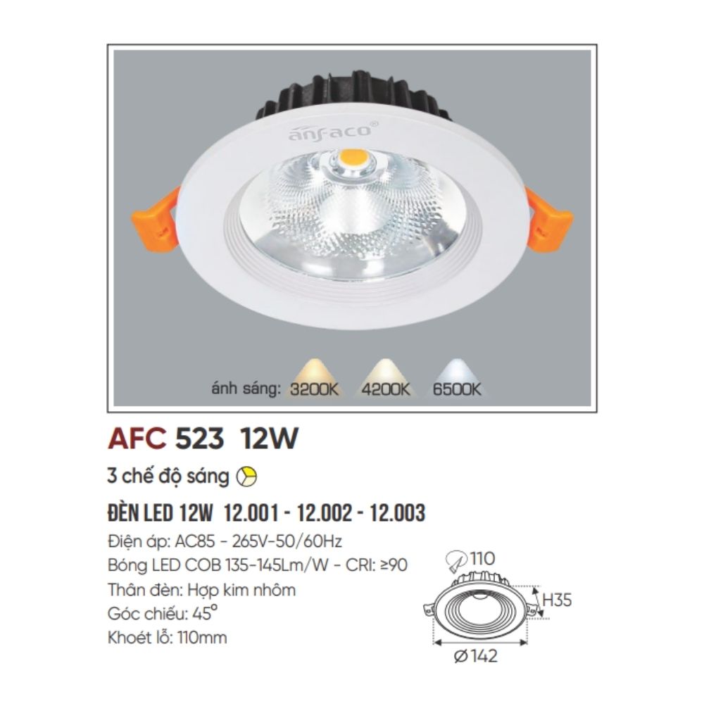 Đèn LED downlight âm trần Anfaco AFC 523 LED 12W