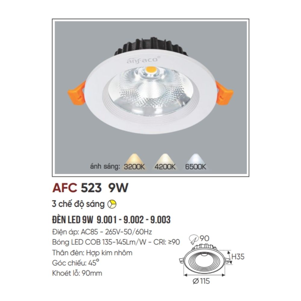 Đèn LED downlight âm trần Anfaco AFC 523 LED 9W