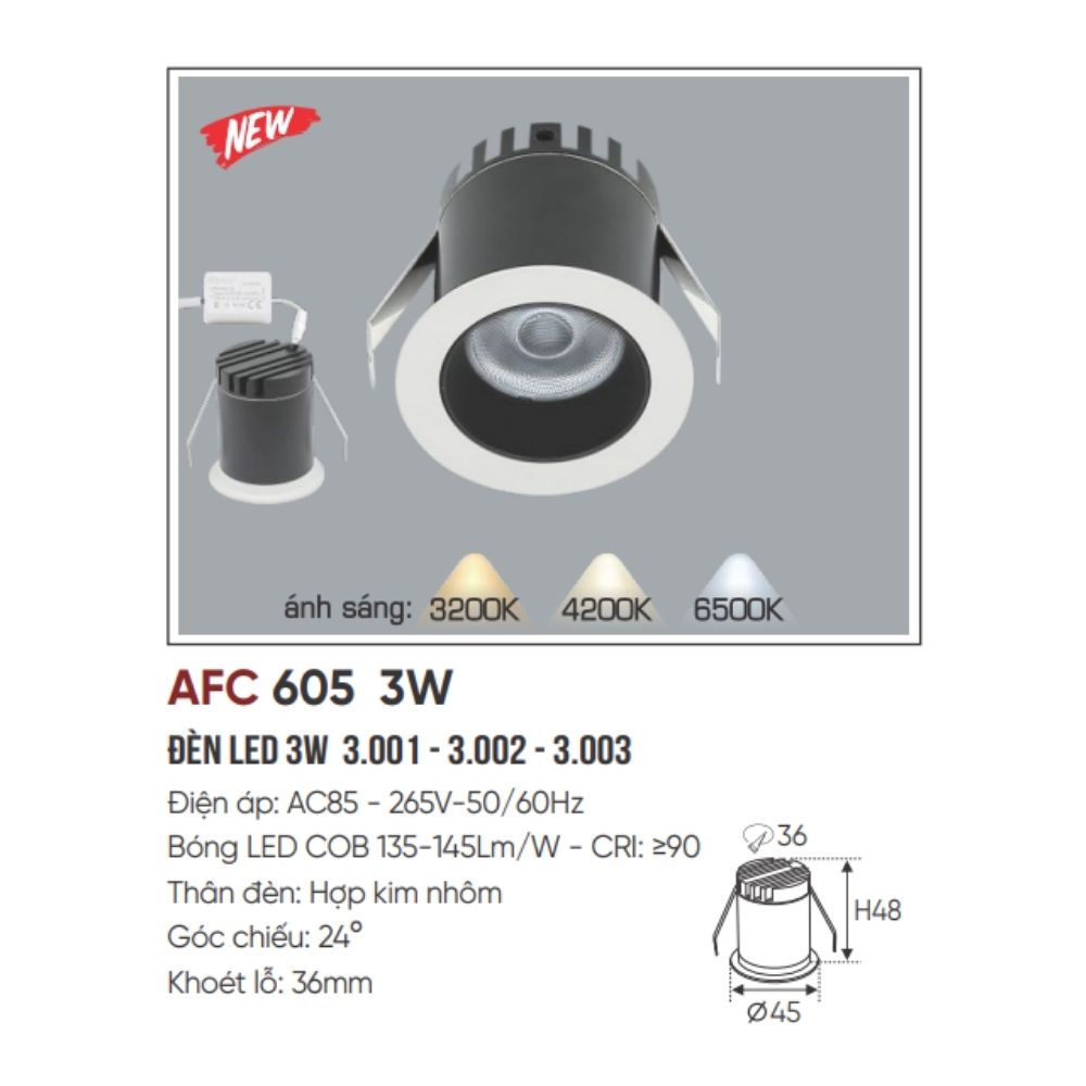 Đèn LED downlight âm trần Anfaco AFC 605 3W