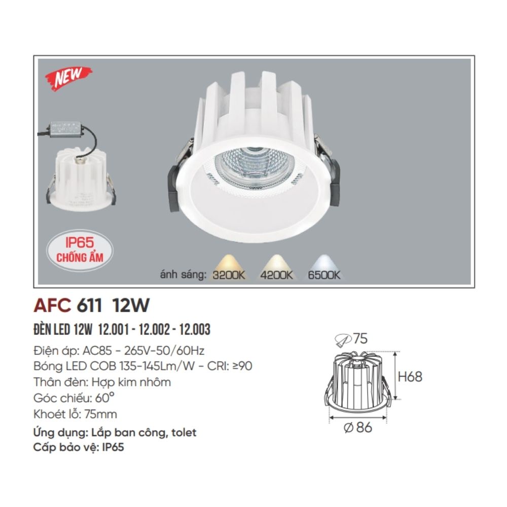 Đèn LED downlight âm trần Anfaco AFC 611 12W