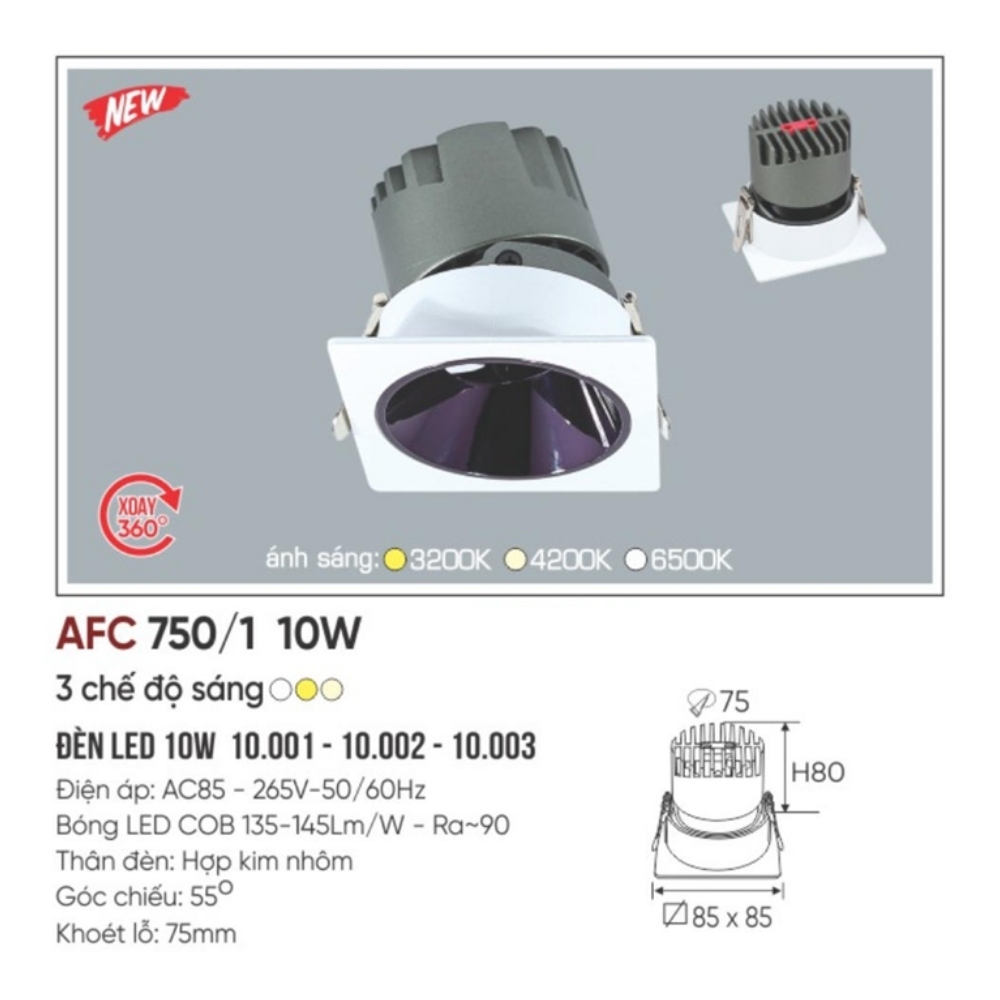 Đèn LED downlight âm trần đôi Anfaco 750/1 10W