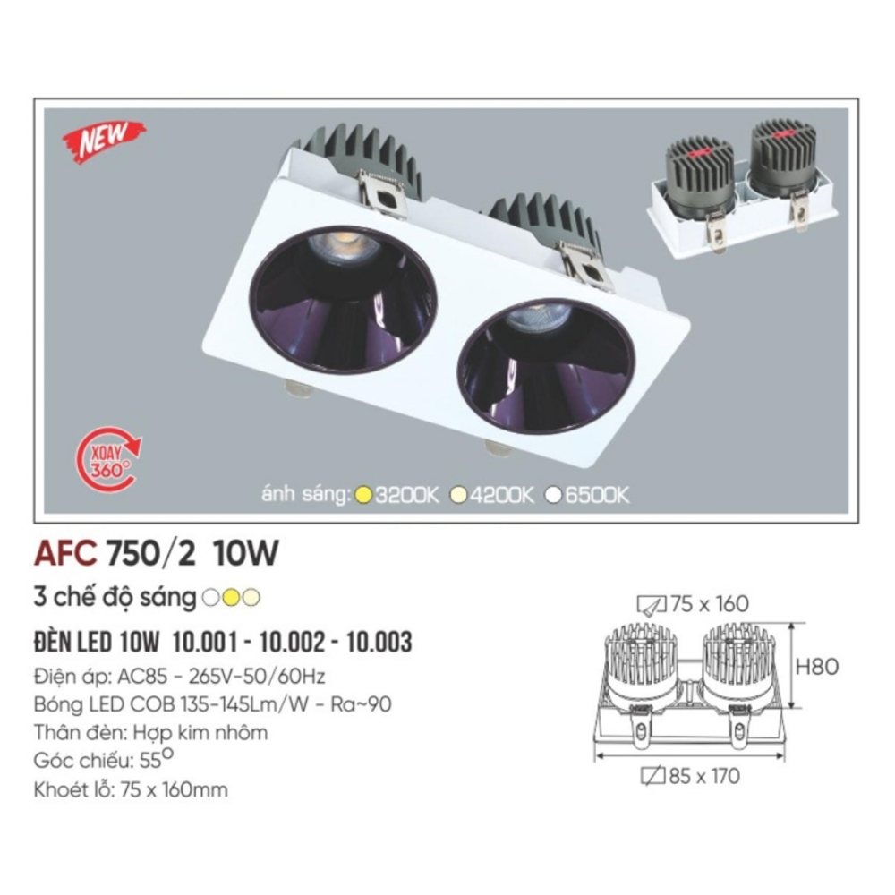 Đèn LED downlight âm trần đôi Anfaco 750/2 10W