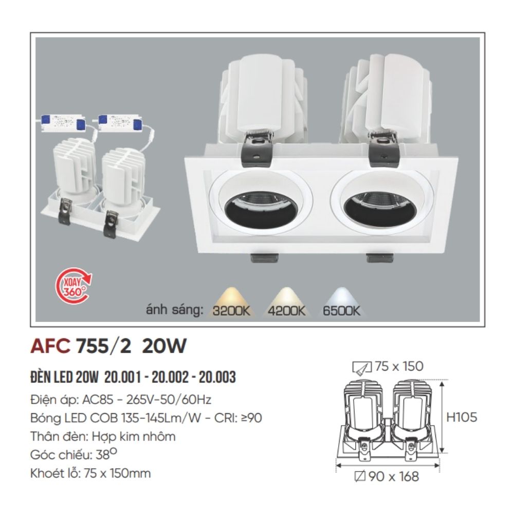 Đèn LED downlight âm trần đôi Anfaco AFC 755/2 20W