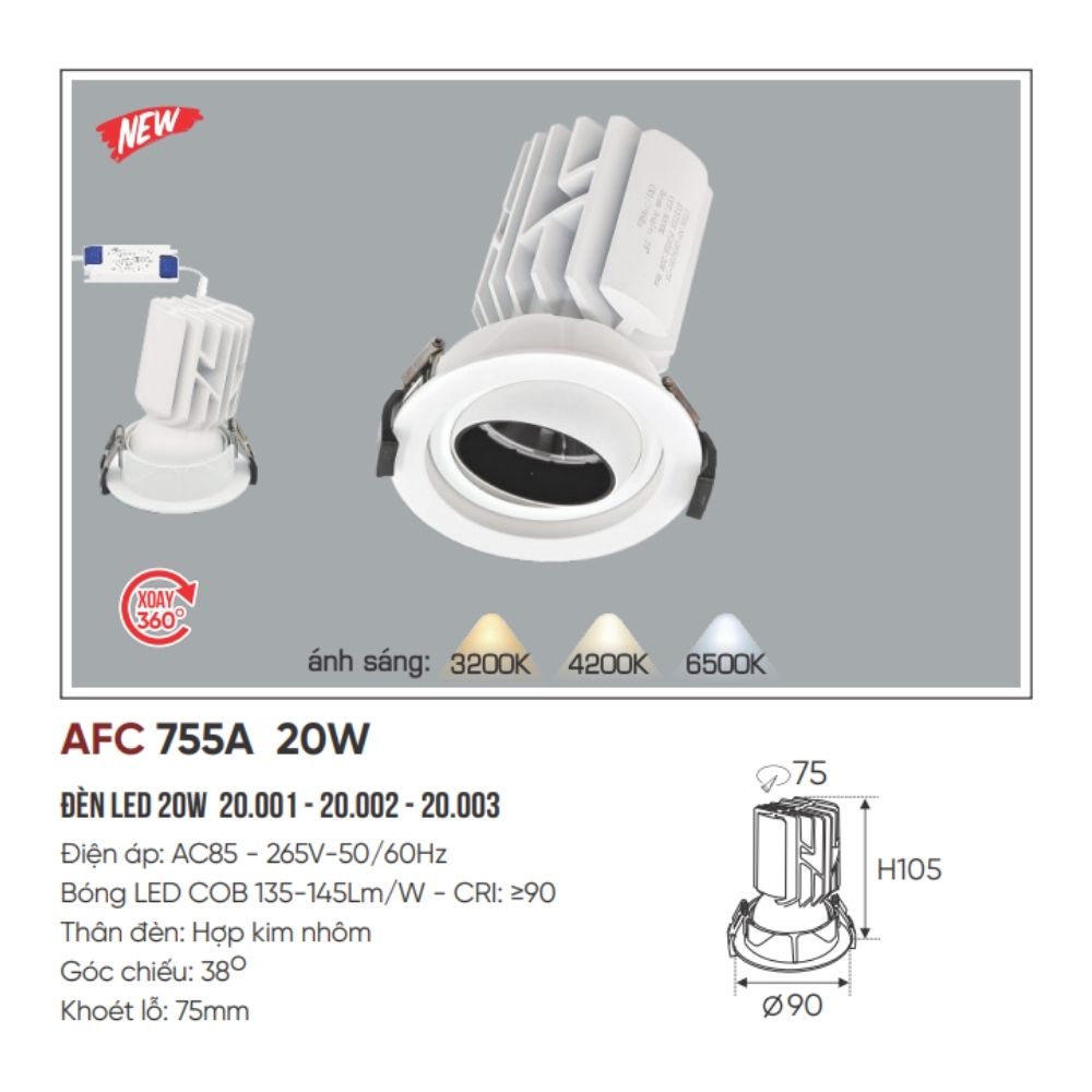 Đèn LED downlight âm trần đôi Anfaco AFC 755A 20W