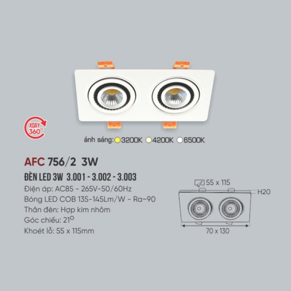 Đèn LED downlight âm trần đôi Anfaco 756/2 3W