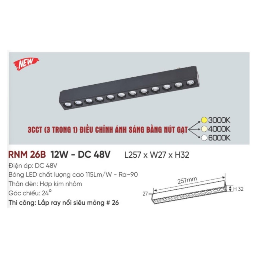 Đèn LED ray nam châm nổi siêu mỏng Anfaco RNM 26B 12W - DC 48V