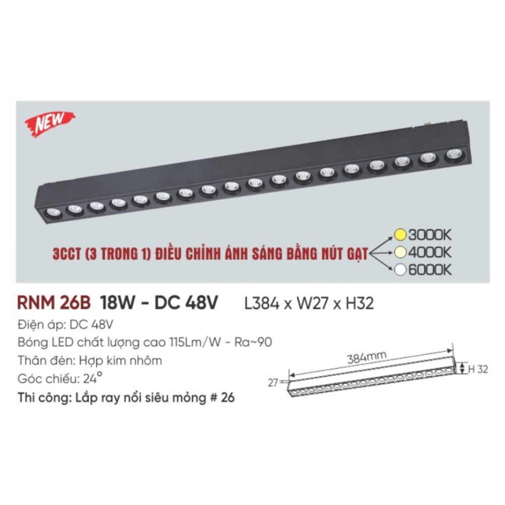 Đèn LED ray nam châm nổi siêu mỏng Anfaco RNM 26B 18W - DC 48V