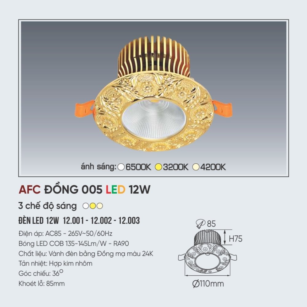 Đèn LED downlight âm trần Anfaco ĐỒNG 005 LED 12W