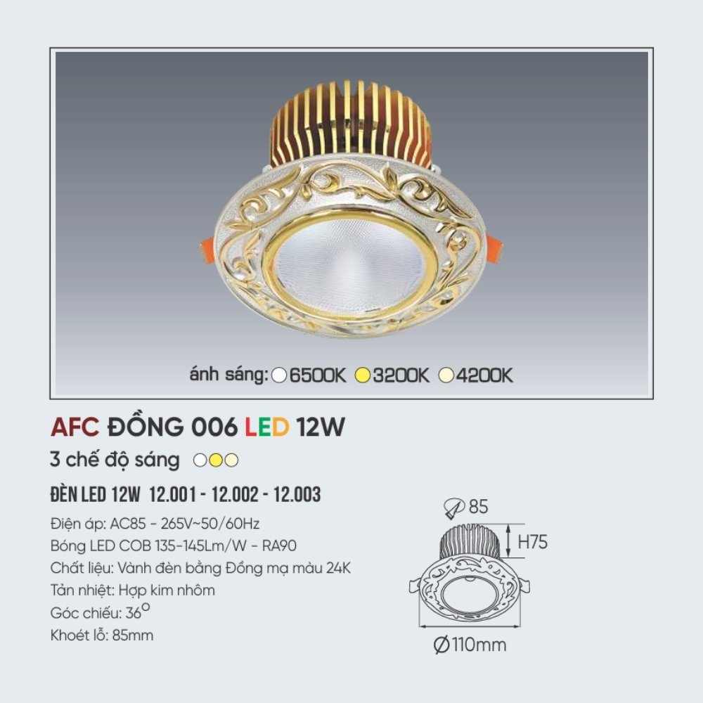 Đèn LED downlight âm trần Anfaco ĐỒNG 006 LED 12W