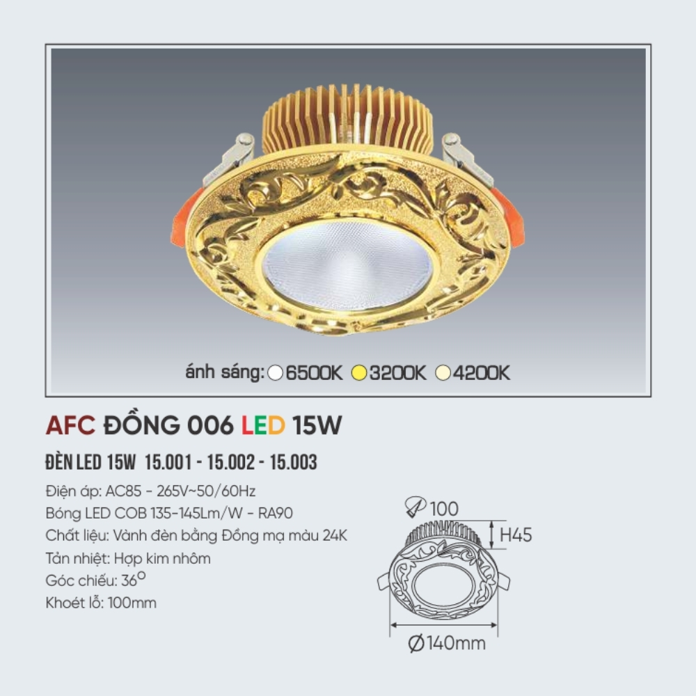 Đèn LED downlight âm trần Anfaco ĐỒNG 006 LED 15W