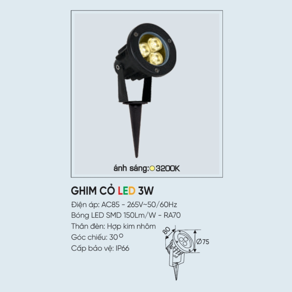 Đèn LED pha rọi ghim cỏ Anfaco GHIM CỎ LED 3W