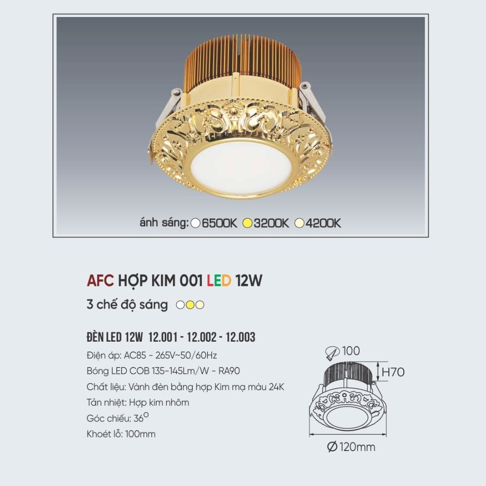Đèn LED downlight âm trần Anfaco HỢP KIM 001 LED 12W
