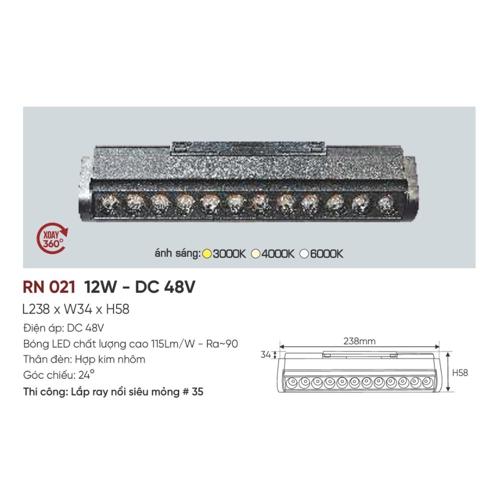 Đèn ray LED nam châm Anfaco RN 021 LED 12W - DC 48V