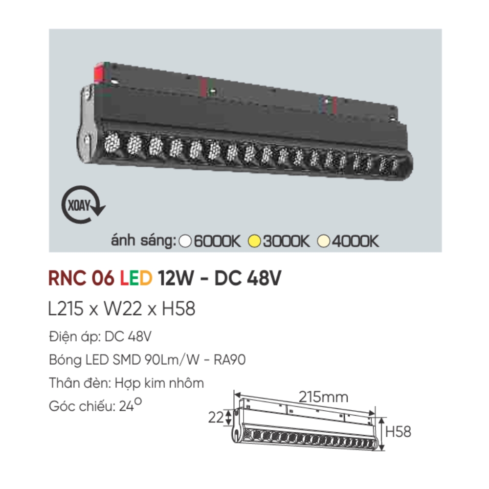 Đèn ray LED nam châm Anfaco RNC 06 LED 12W - DC 48V