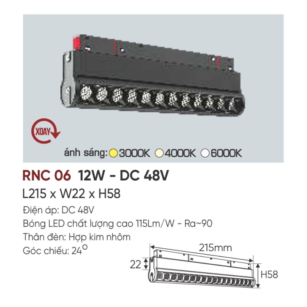 Đèn ray LED nam châm Anfaco RNC 06 LED 12W - DC 48V