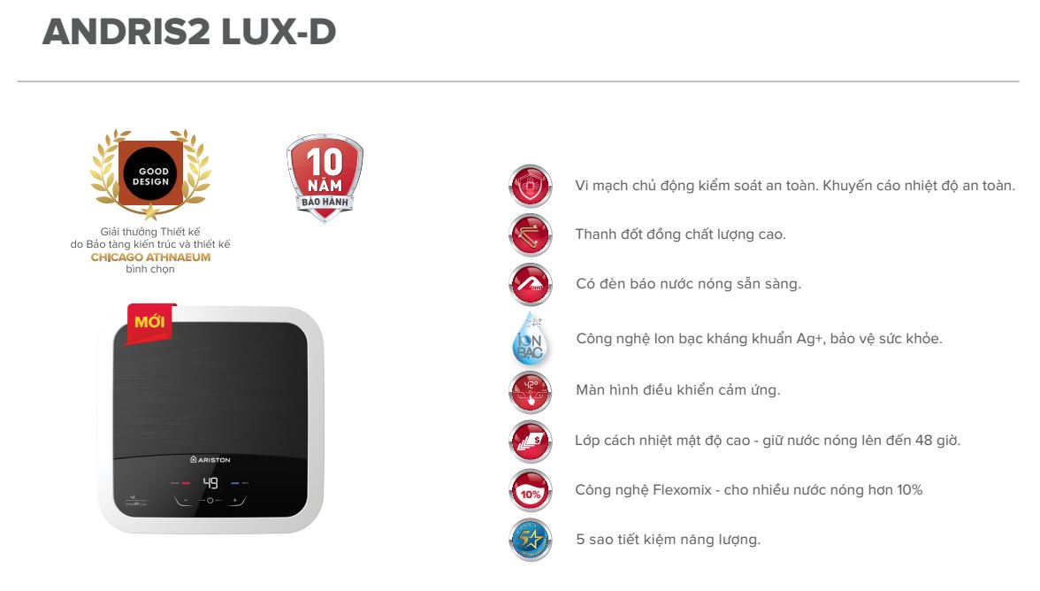 Máy nước nóng gián tiếp Andris Lux-D Ariston AN2 LUX-D