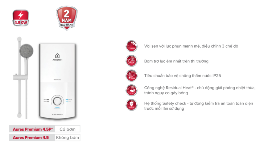 Đặc điểm nổi bật máy nước nóng Aures Premium 4.5 P có bơm Ariston
