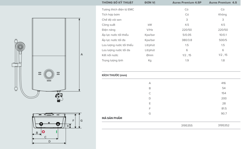 Bản vẽ thông số kỹ thuật của bình nước nóng Ariston Premium 4500w màu trắng