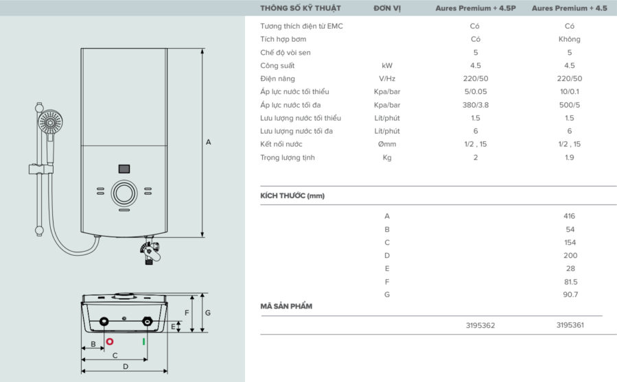 Máy nước nóng trực tiếp Aures Premium+ Ariston