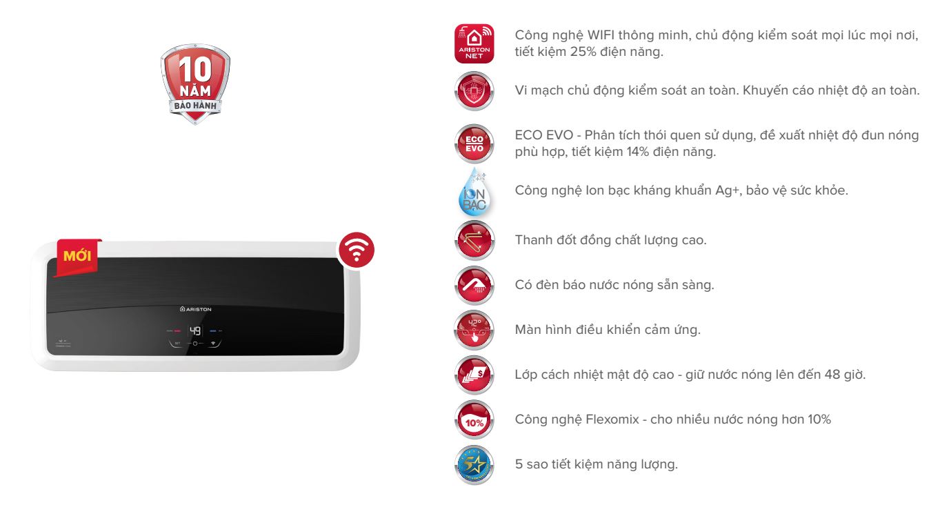 Máy nước nóng gián tiếp Slim2 Lux-D Wifi thông minh Ariston