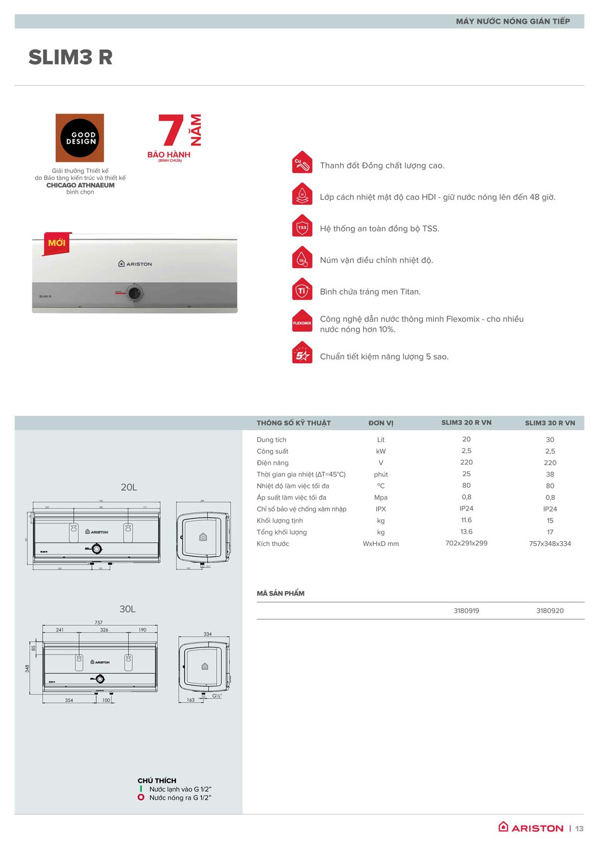 Máy nước nóng gián tiếp Slim3 R Ariston