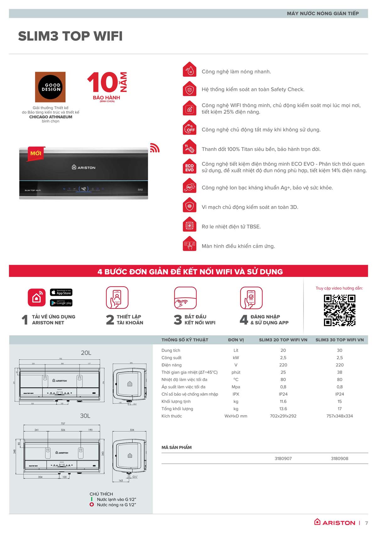 Máy nước nóng gián tiếp Slim3 TOP WIFI Ariston