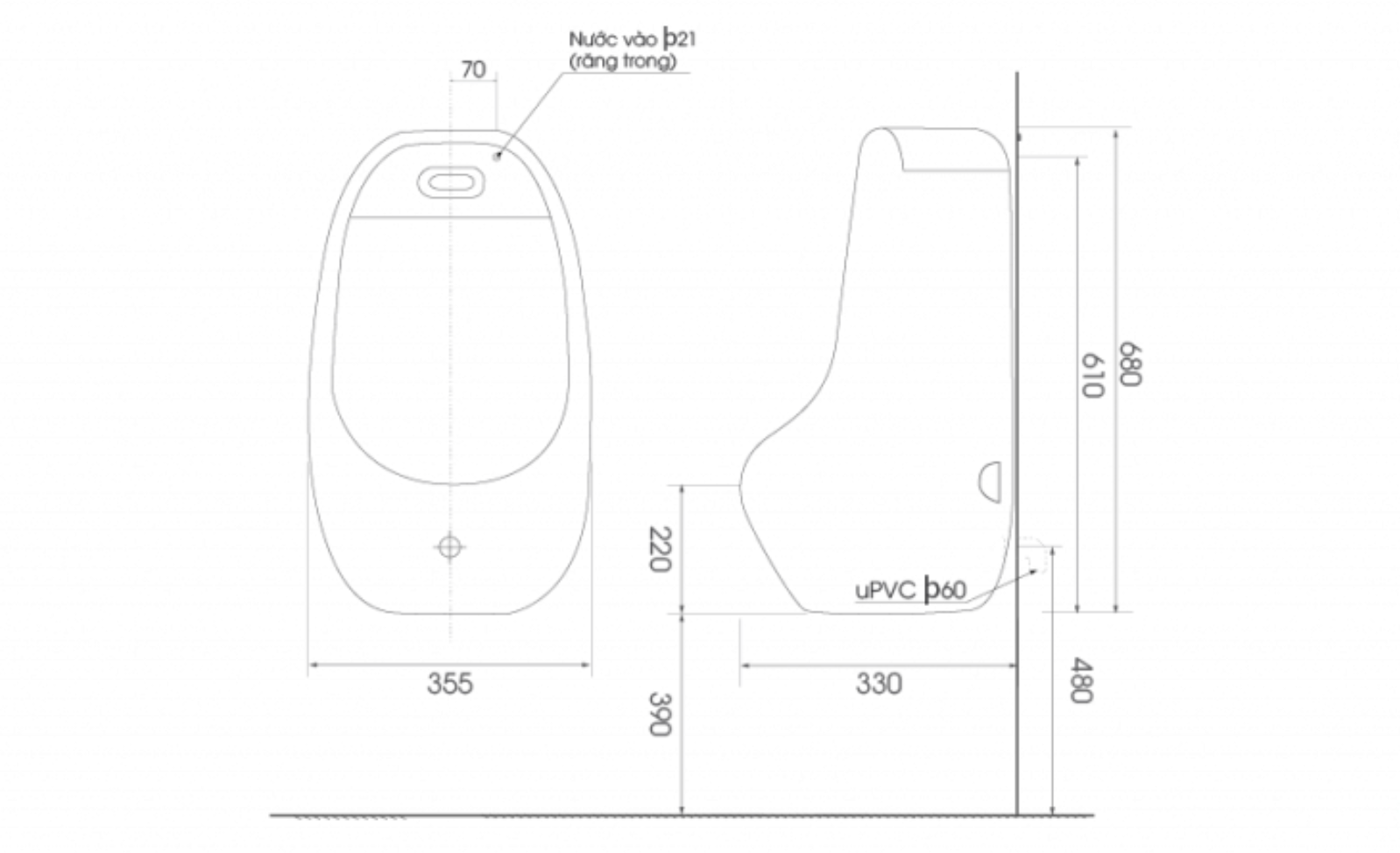 Bản vẽ kỹ thuật bồn tiểu nam cảm ứng treo tường ATMOR AT6016