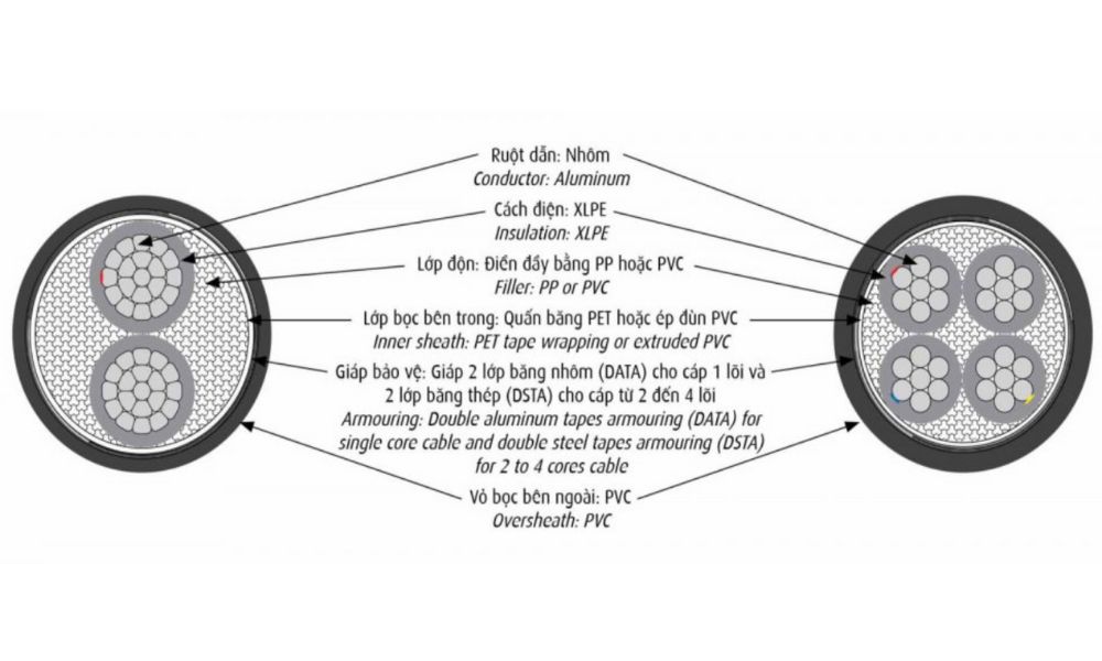 Cáp điện lực hạ thế Cadivi có giáp bảo vệ AXV/DSTA - 0.6/1kV 2 lõi cách điện PVC