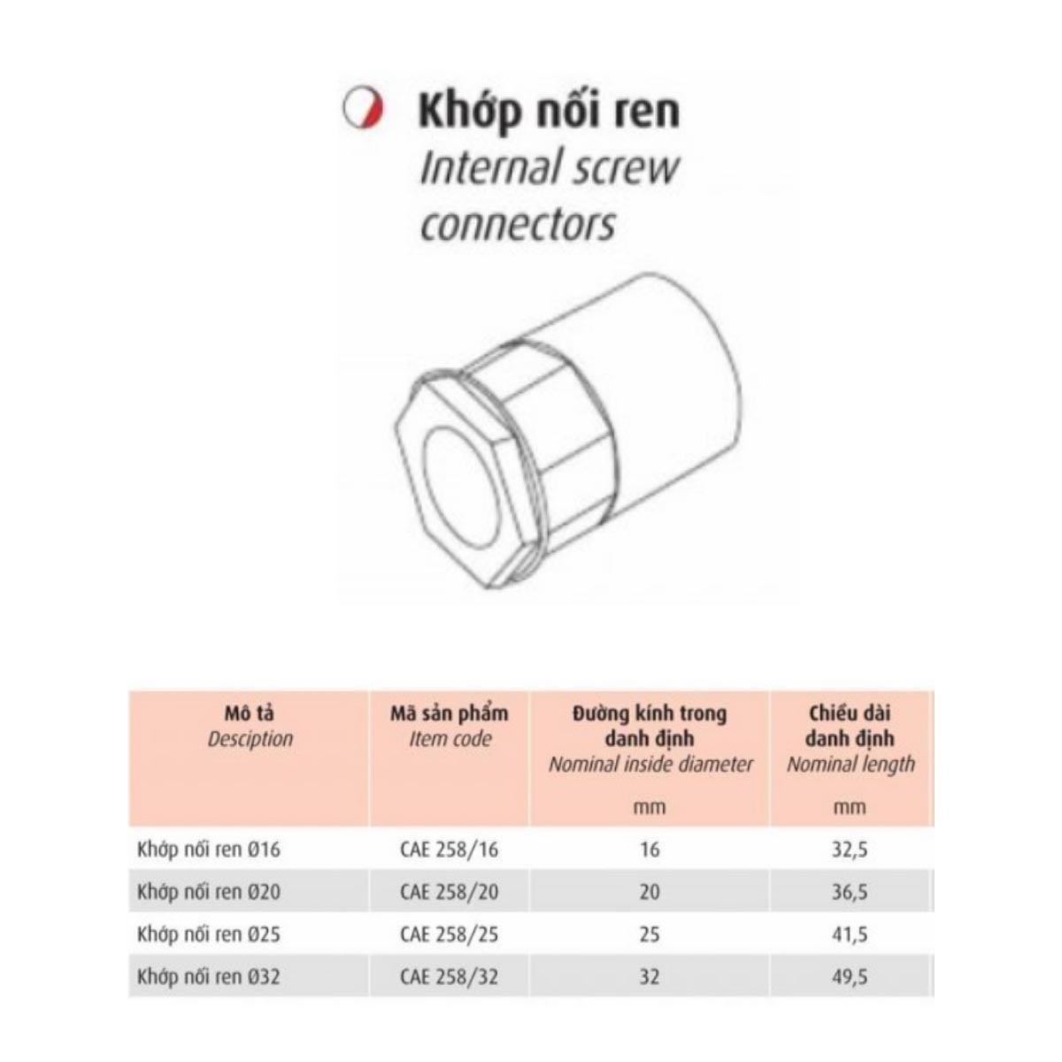 Đầu và khớp nối ren CAE Cadivi