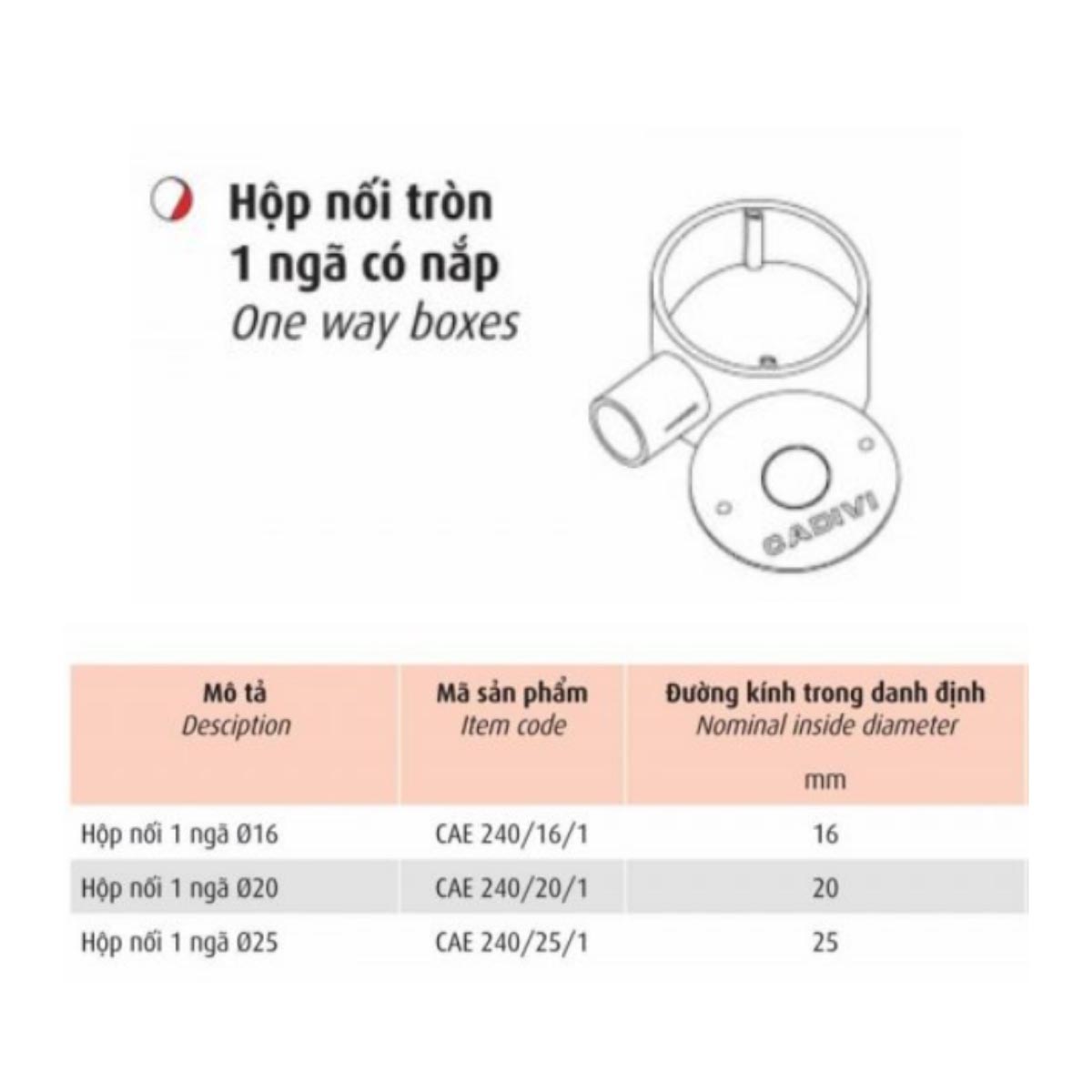 Hộp nối tròn 1N có nắp CAE Cadivi