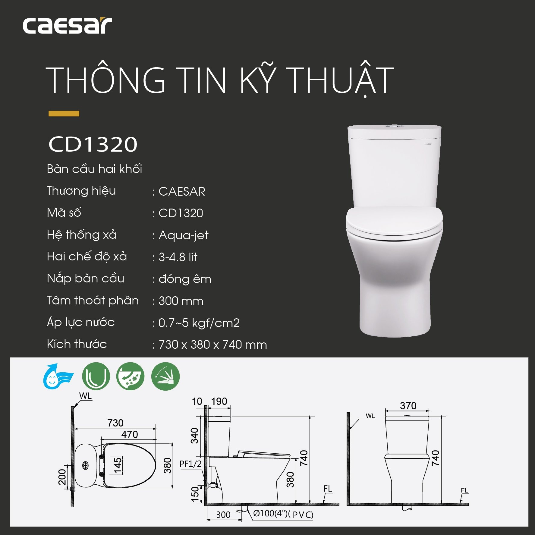 Bồn cầu 2 khối Caesar CD1320 nắp đóng êm