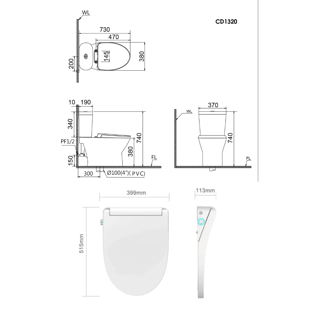 Bồn cầu 2 khối nắp điện tử Caesar CD1320 + TAF512H