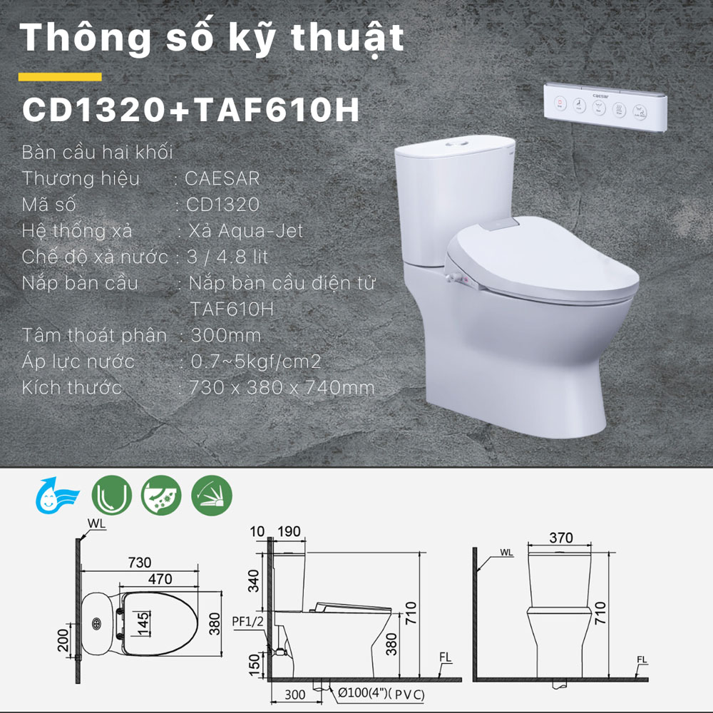 Bồn cầu 2 khối nắp điện tử Caesar CD1320+TAF610H