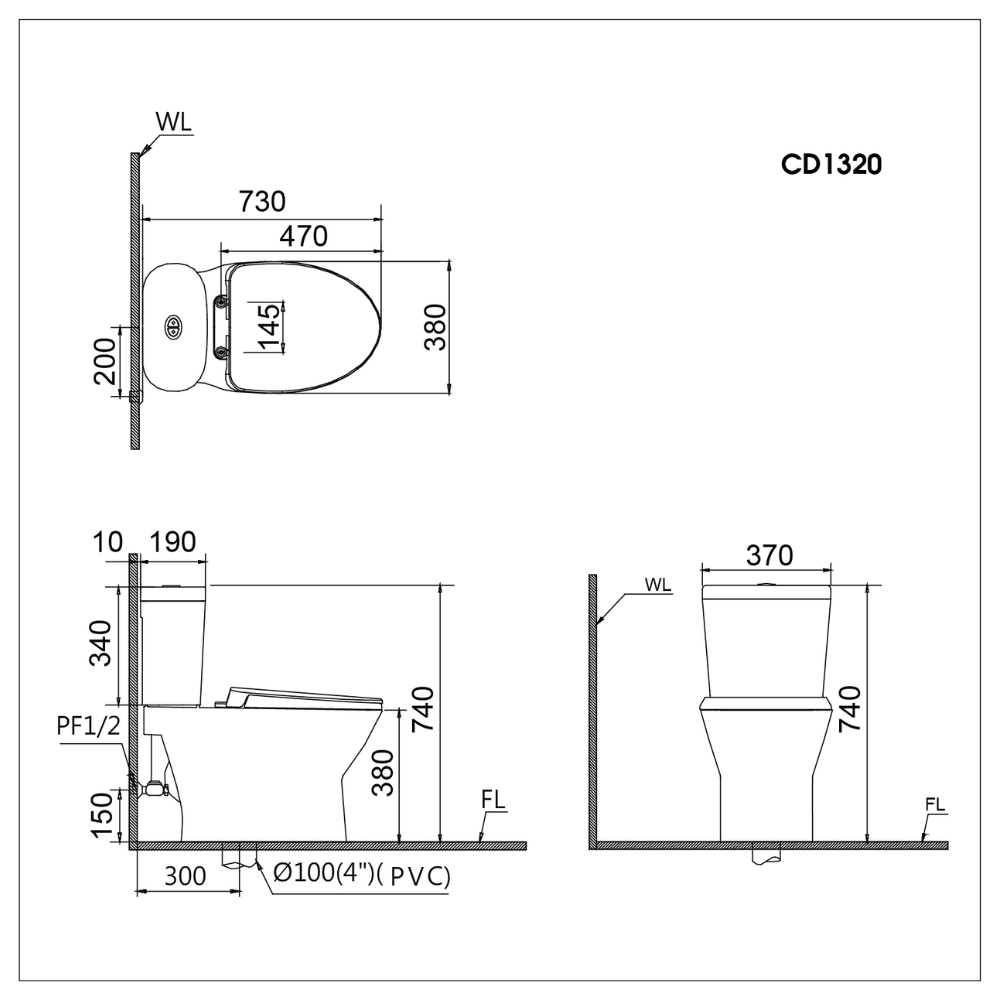 Bản vẽ kỹ thuật của bồn cầu 2 khối nắp điện tử Caesar CD1320+TAF710H
