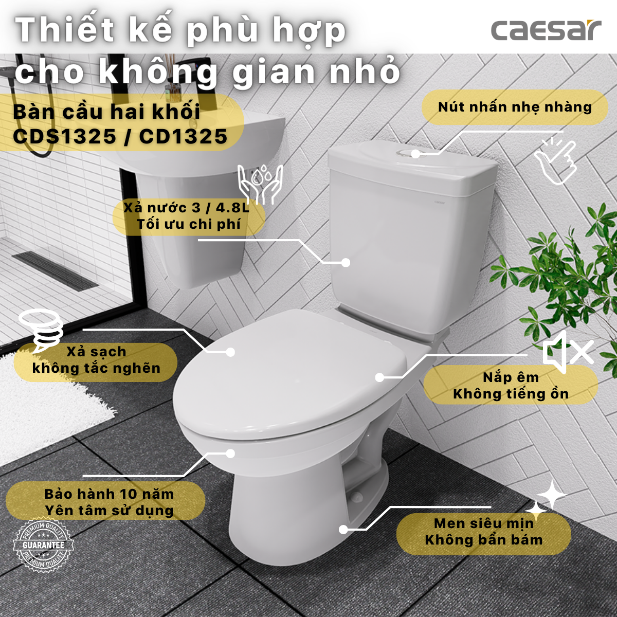 Bồn cầu 2 khối Caesar CD1325 nắp thường