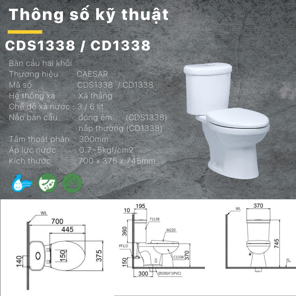 Bồn cầu 2 khối Caesar CD1338 nắp thường