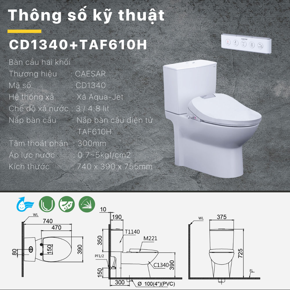 Bồn cầu 2 khối nắp điện tử Caesar CD1340+TAF610H