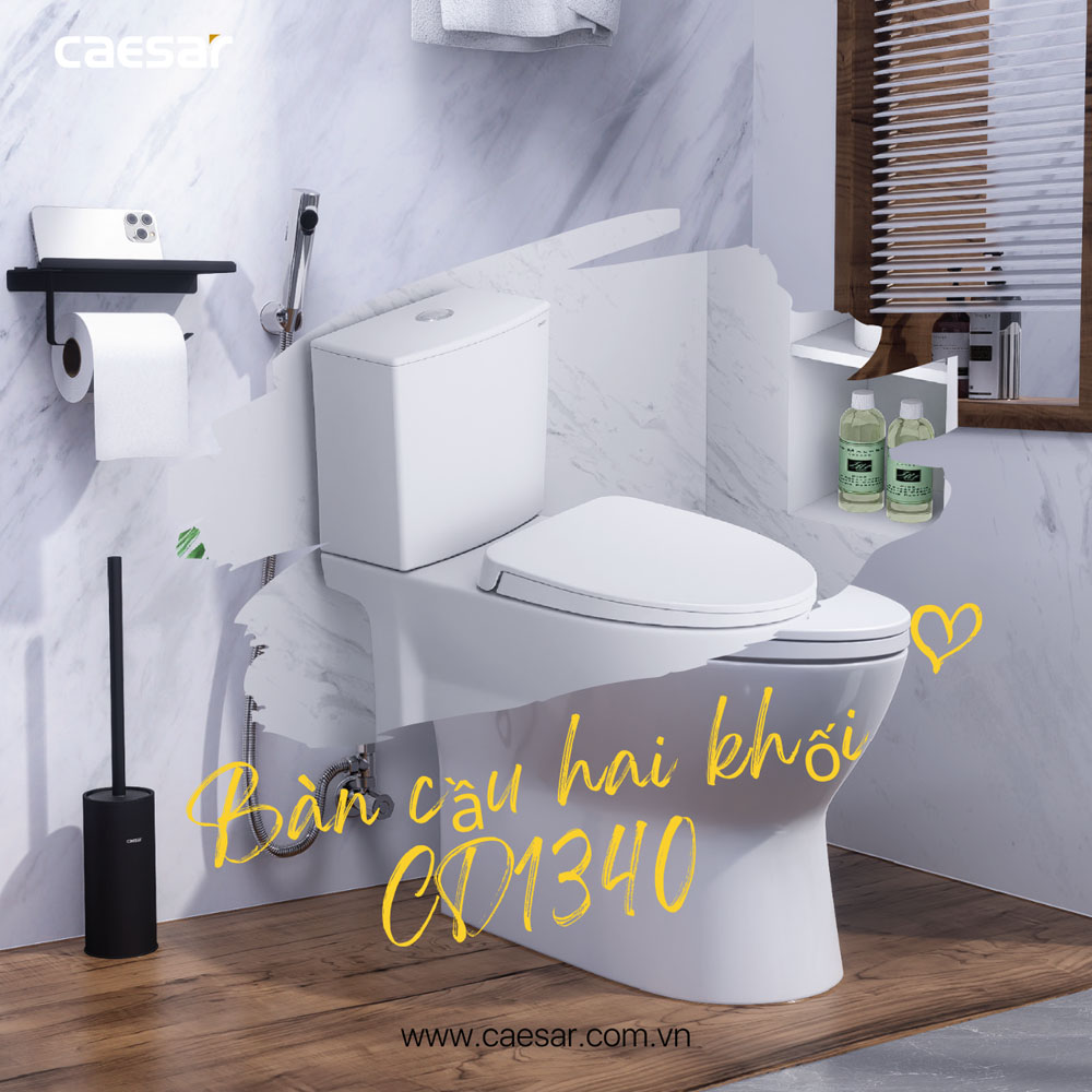 Bồn cầu 2 khối nắp điện tử Caesar CD1340+TAF610H