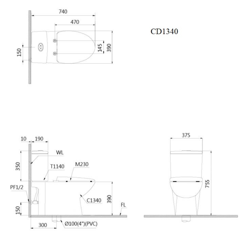 Bồn cầu 2 khối nắp điện tử Caesar CD1340+TAF610H