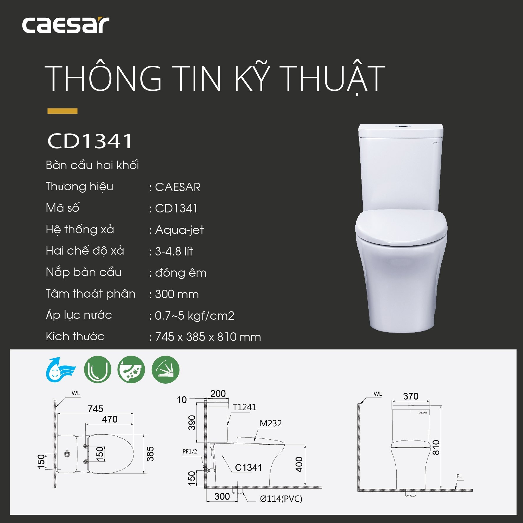 Bồn cầu 2 khối Caesar CD1341 nắp đóng êm