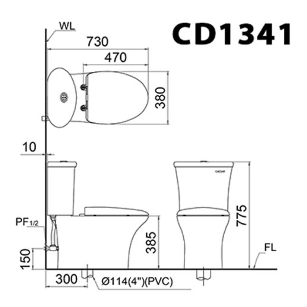 Bản vẽ kỹ thuật của bồn cầu 2 khối nắp điện tử Caesar CD1341+TAF512H