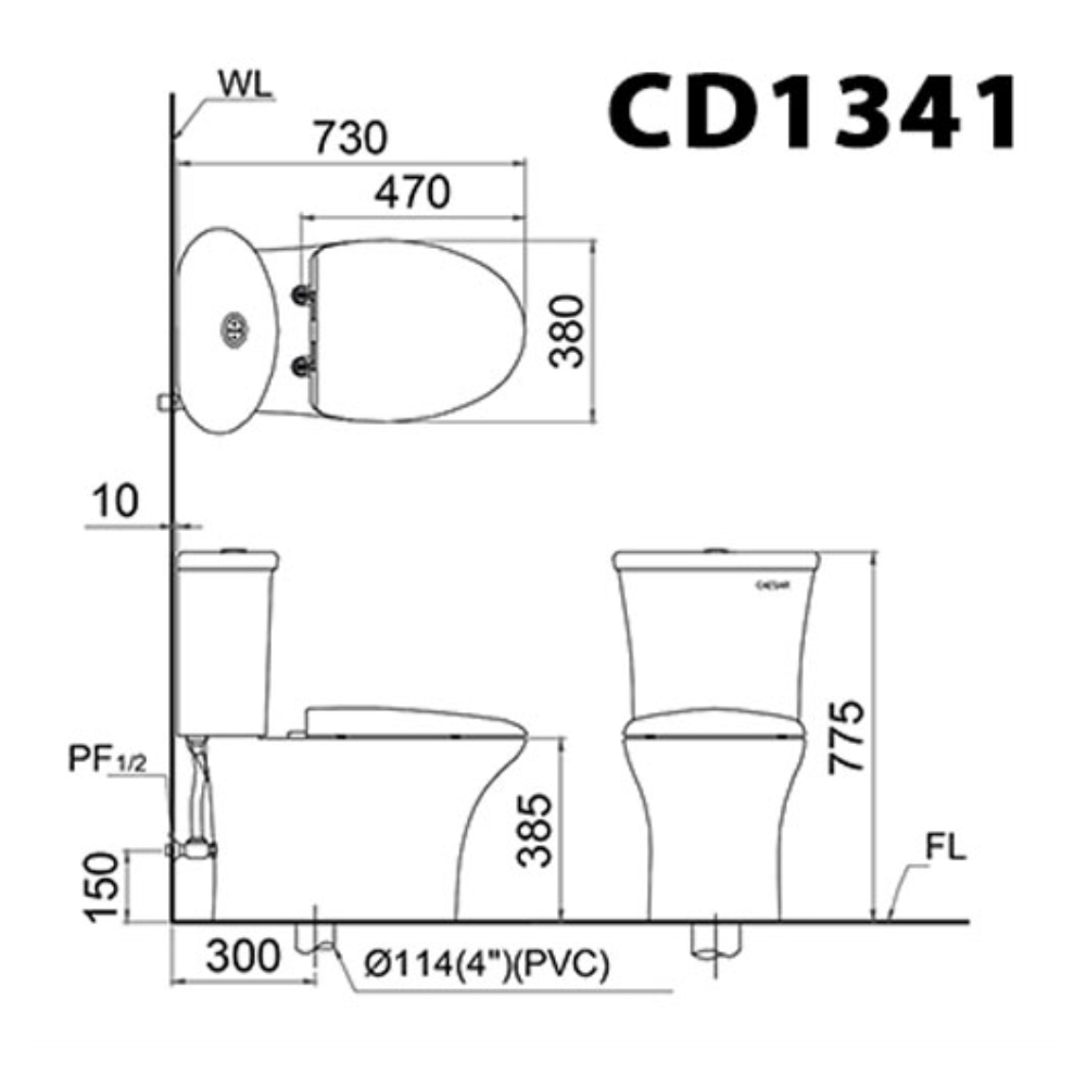 Bản vẽ kỹ thuật của bồn cầu 2 khối nắp điện tử Caesar CD1341+TAF710H