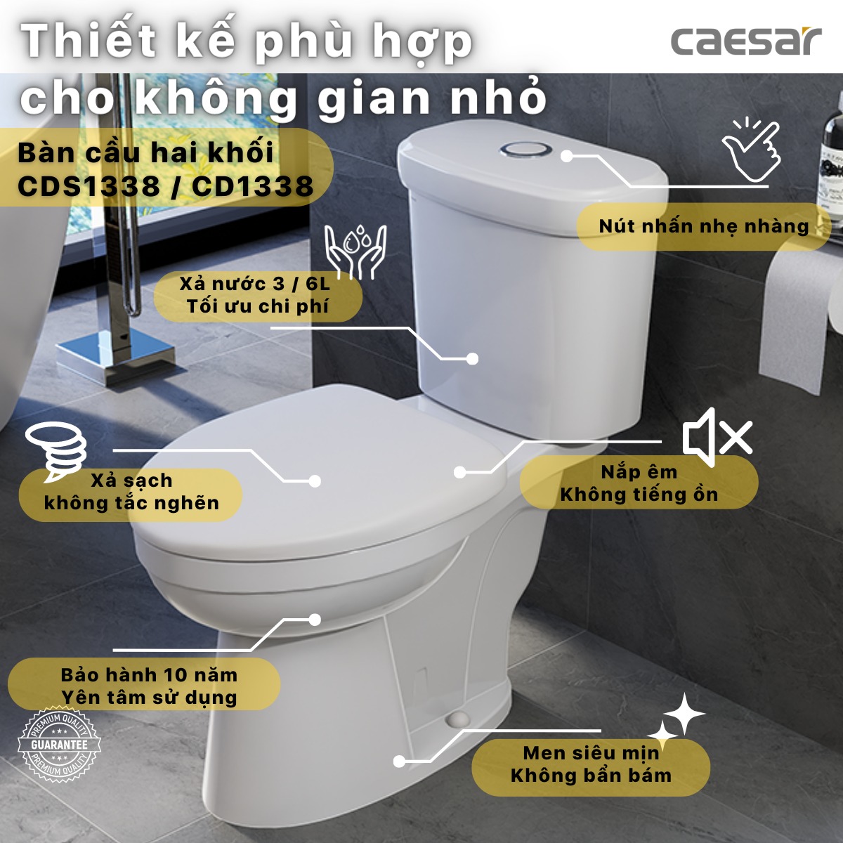 Bồn cầu 2 khối Caesar CDS1338 nắp êm